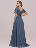Denim Blue Ladies Double V-Neck Short Flutter Sleeves Empire Waist Elegant Chiffon Long Evening Dresses - Ever-Pretty