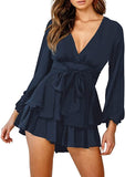 Navy Blue Women's Jumpsuit Floral Print V Neck Baggy Sleeve Waist Tie Double Layer Ruffle Hem Short Mini Dress Romper - Relipop | Women's Casual Dresses