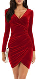 Red Womens Wrap V Neck Long Sleeve Velvet Bodycon Ruched Cocktail Party Dress - Guberry | Women's Formal Dresses