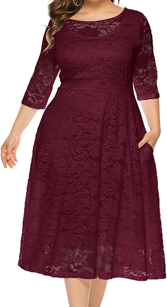 Wine Red Plus Women Plus Size Floral Lace Sleeve Party Wedding Cocktail Swing Midi Dress with Pockets - Lrady | Women's Cocktail Dresses