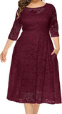 Wine Red Plus Women Plus Size Floral Lace Sleeve Party Wedding Cocktail Swing Midi Dress with Pockets - Lrady | Women's Cocktail Dresses