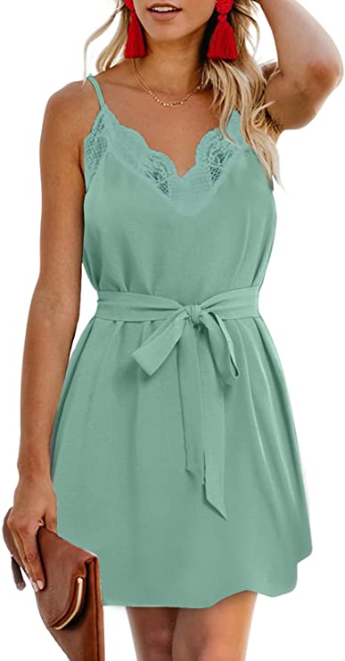 Lace Green Women Summer Spaghetti Strap Button Down V Neck Sleeveless Casual Mini Dress - AlvaQ | Women's Cocktail Dresses