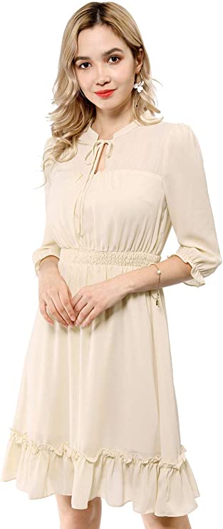 Beige Ruffle Dress, Hem 3/4 Sleeve Smocked A-Line Short Chiffon Dress - Allegra K | Women's Casual Dresses