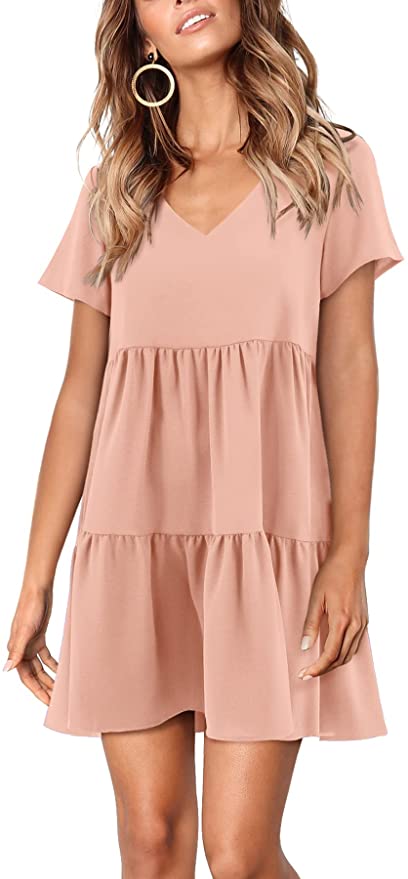 Pink Short Sleeve Women Summer Tunic Dress V Neck Casual Loose Flowy Swing Shift Dresses - Amoretu | Women's Casual Dresses