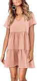 Pink Short Sleeve Women Summer Tunic Dress V Neck Casual Loose Flowy Swing Shift Dresses - Amoretu | Women's Casual Dresses