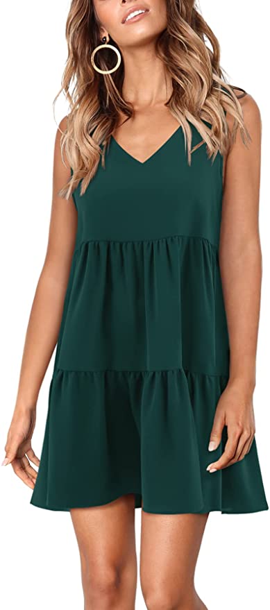 Green Sleeveless Women Summer Tunic Dress V Neck Casual Loose Flowy Swing Shift Dresses - Amoretu | Women's Casual Dresses