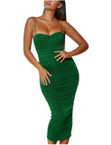 Dark Green Women's Sexy Ruched Bodycon Spaghetti Strap Backless Maxi Pencil Formal Dress - L'VOW | Women's Formal Dresses