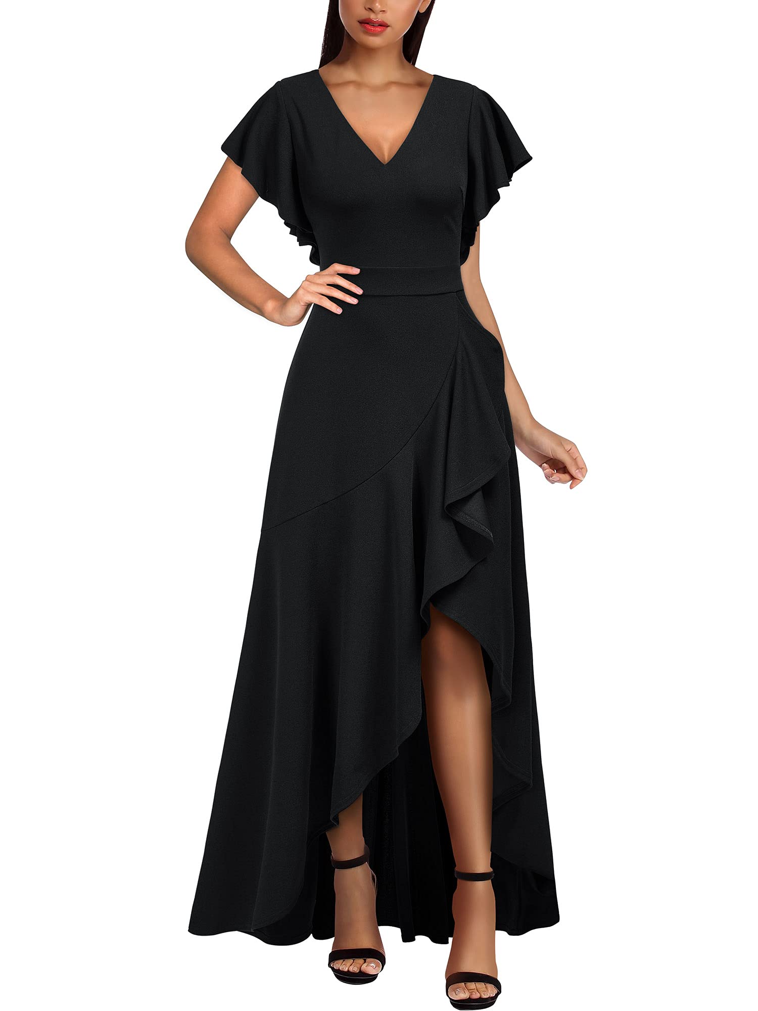 Black Women's Formal V Neck Ruffle Split Evening Party Long Dress - Miusol