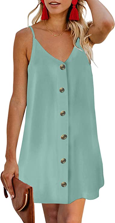 LighGreen Women Summer Spaghetti Strap Button Down V Neck Sleeveless Casual Mini Dress - AlvaQ | Women's Cocktail Dresses