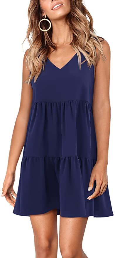 Navy Sleeveless Women Summer Tunic Dress V Neck Casual Loose Flowy Swing Shift Dresses - Amoretu | Women's Casual Dresses