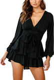Black 2 Women's Jumpsuit Floral Print V Neck Baggy Sleeve Waist Tie Double Layer Ruffle Hem Short Mini Dress Romper - Relipop | Women's Casual Dresses