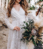 Women's Boho Lace Wedding Dress Long Sleeves V-neck A-line Beach Country Wedding Bridal Gown | Women's Casual Dresses