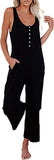 Black Front Button Women's Casual Sleeveless Front Button Loose Jumpsuits Stretchy Long Pants Romper with Pockets - Happy Sailed | Women's Romper & Jumper Suit