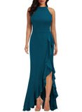 Teal Color Women's High Neck Split Bodycon Mermaid Evening Cocktail Long Dress - WOOSEA | Women's Formal Dresses