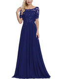 Royal Blue Women's Long Mother of The Bride Dresses with Sleeves Bateau Neck Beaded Chiffon Maxi Lace Formal Evening Gowns - Lover Kiss | Women's Formal Dresses