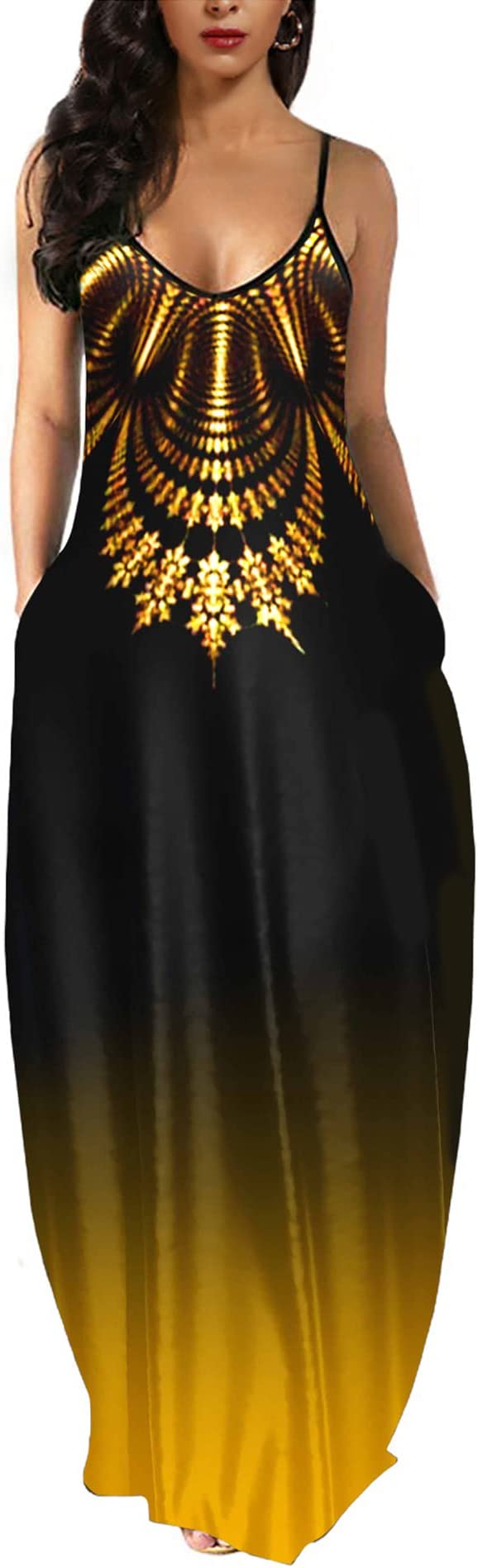 Exotica Gold Womens Casual Sleeveless Plus Size Loose Plain Long Maxi Dress with Pockets - Wolddress | Women's Casual Dresses