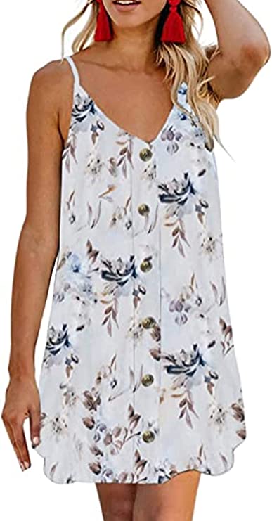 Floral White Women Summer Spaghetti Strap Button Down V Neck Sleeveless Casual Mini Dress - AlvaQ | Women's Cocktail Dresses