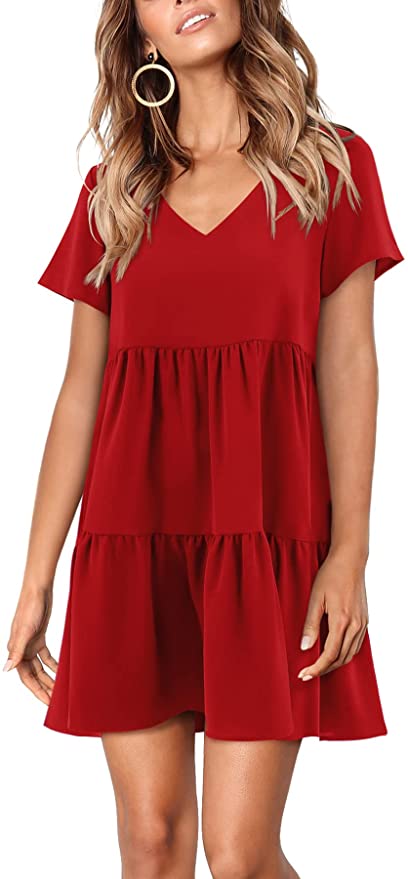 Red Short Sleeve Women Summer Tunic Dress V Neck Casual Loose Flowy Swing Shift Dresses - Amoretu | Women's Casual Dresses
