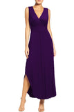 Purple Women Sleeveless Deep V Neck Pocket Loose Long Dress Split Maxi Casual Dresses - WOOSEA | Women's Cocktail Dresses