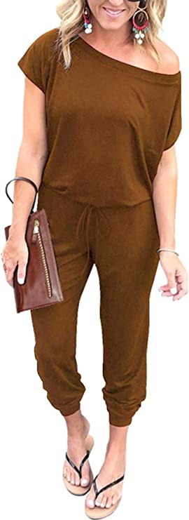 Light Brown Women's Loose Solid Off Shoulder Elastic Waist Stretchy Long Romper Jumpsuit - PRETTYGARDEN | Women's Romper & Jumper Suit