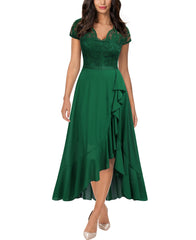 Green Women's V Neck Elegant Lace Ruffle Bridesmaid Maxi Dress - Miusol