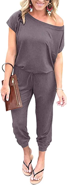 Grey Women's Loose Solid Off Shoulder Elastic Waist Stretchy Long Romper Jumpsuit - PRETTYGARDEN | Women's Romper & Jumper Suit