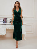 Green Tank Dress Women's V Neck Wrap Long Sleeve Elegant Mermaid Velvet Cocktail Maxi Dress Evening Party - ZABERRY | Women's Formal Dresses
