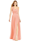 Coral One Shoulder Chiffon Bridesmaid Dresses with Slit Maxi Long Formal Dresses for Women Party - XYAYE | Women's Formal Dresses