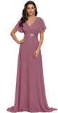 Orchid Women's Short Sleeve V-Neck Long Evening Dress - Ever Pretty | Women's Formal Dresses