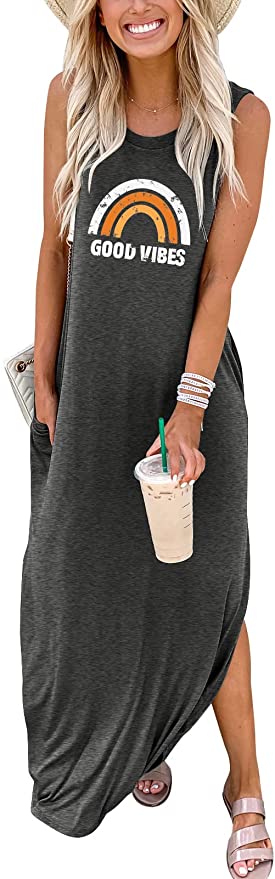Grey Rainbow Women's Casual Loose Long Sleeveless Sundress with Pockets - ANRABESS | Women's Casual Dresses