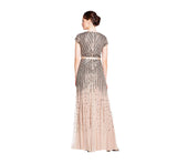 Nude Women s Long Beaded V Neck Dress with Cap Sleeves and