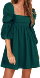Dark Green Womens Square Neck Dress Long Puff Sleeve A-Line Casual Short Mini Dress - Exlura | Women's Casual Dresses