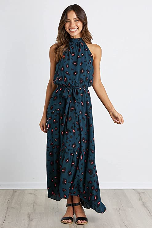Dark Green Leopard Women's Casual Halter Neck Sleeveless Floral Long Maxi Dress Backless Loose Ruffle Sundress with Belt - PRETTYGARDEN | Women's Formal Dresses