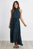 Dark Green Leopard Women's Casual Halter Neck Sleeveless Floral Long Maxi Dress Backless Loose Ruffle Sundress with Belt - PRETTYGARDEN | Women's Formal Dresses