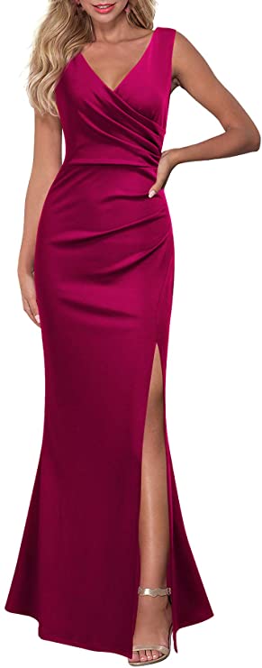 Magenta Women Sleeveless V Neck Split Evening Cocktail Long Dress - Woosea | Women's Formal Dresses