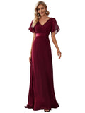 Burgundy Ladies Double V-Neck Short Flutter Sleeves Empire Waist Elegant Chiffon Long Evening Dresses - Ever-Pretty