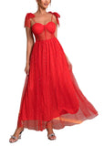 Red Women's Solid Mesh Spaghetti Strap Sequin Cross Back Elegant Evening Party Dress - Fuedage | Women's Formal Dresses
