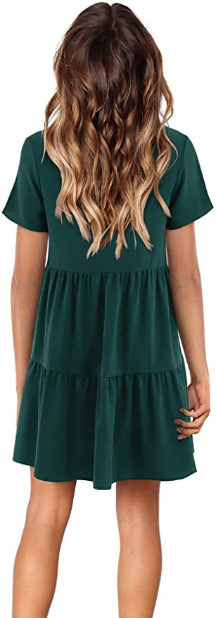 Green Short Sleeve Women Summer Tunic Dress V Neck Casual Loose Flowy Swing Shift Dresses - Amoretu | Women's Casual Dresses