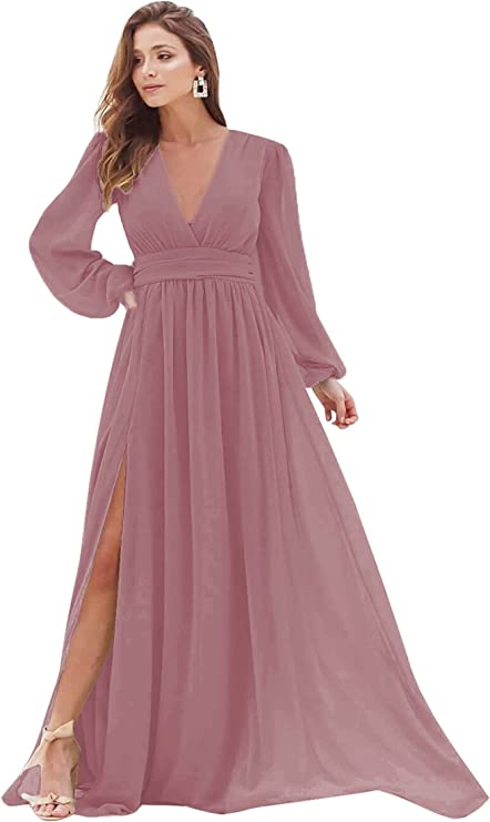 Dusty Pink Women's Bridesmaid Dresses Long Sleeve Chiffon Deep V-Neck Formal Evening Party Gowns for Women Guests with Split A-line - YnanLi Dress | Women's Formal Dresses
