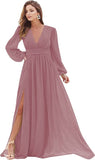 Dusty Pink Women's Bridesmaid Dresses Long Sleeve Chiffon Deep V-Neck Formal Evening Party Gowns for Women Guests with Split A-line - YnanLi Dress | Women's Formal Dresses
