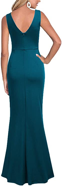 Teal-color Women Sleeveless V Neck Split Evening Cocktail Long Dress - Woosea | Women's Formal Dresses