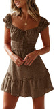 Khaki Womens Summer Ruffle Sleeve Sweetheart Neckline Printing Dress Mini Dress - Yobecho | Women's Casual Dresses