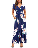 Blue White Floral Ladies Summer Casual V Neck Short Long Sleeve Floral Pattern Wrap Ladies Maxi Long Dress with Pockets - OUGES | Women's Evening Gowns