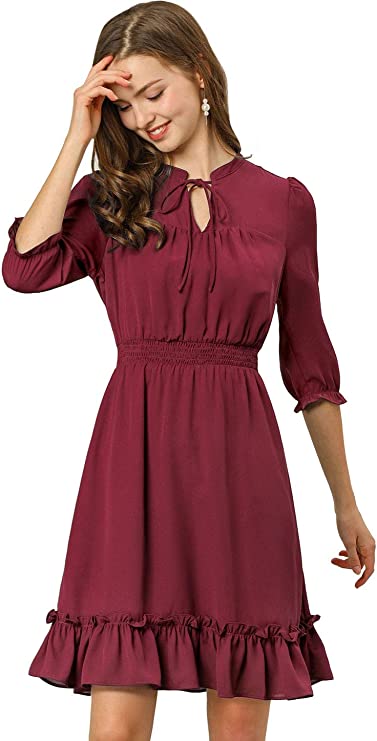 Royal Blue Ruffle Dress, Hem 3/4 Sleeve Smocked A-Line Short Chiffon Dress - Allegra K | Women's Casual Dresses