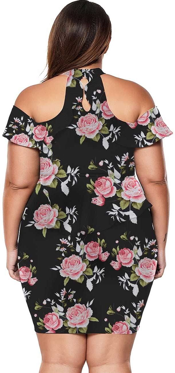 Flower Pink Rose Women s Plus Size Cold Shoulder Peplum Dress Bodycon Party Dress Lalagen