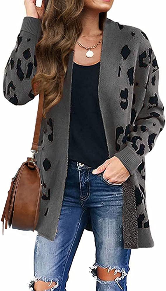 Dark Grey Women's Open Front Leopard Knit Cardigan Sweaters Pockets Long Sleeve Outwear - MEROKEETY | Women's Cardigan