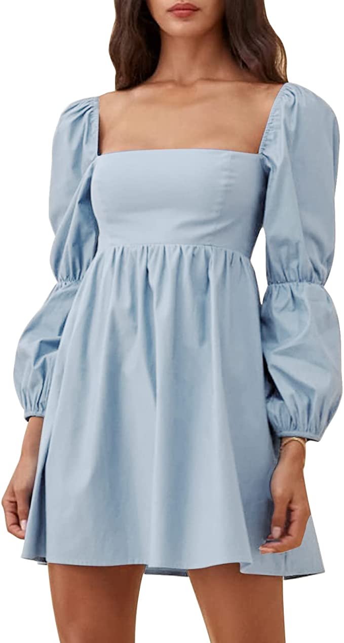 Sky Blue Womens Square Neck Dress Long Puff Sleeve A Line Casual Short Original Brand