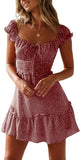 Brick Red Womens Summer Ruffle Sleeve Sweetheart Neckline Printing Dress Mini Dress - Yobecho | Women's Casual Dresses