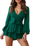 Green Women's Jumpsuit Floral Print V Neck Baggy Sleeve Waist Tie Double Layer Ruffle Hem Short Mini Dress Romper - Relipop | Women's Casual Dresses