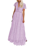 Lightviolet Women's V Neck Short Sleeve Floral Lace Wedding Dress Bridesmaid Cocktail Party Maxi Dress - MEROKEETY | Women's Formal Dresses